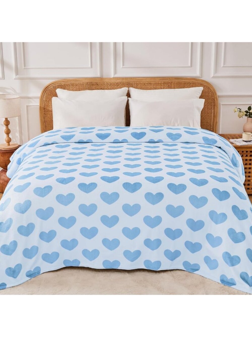 Cozy Heart Flannel Queen Blanket - Soft All-Season Gift, 90x90 Inches, Blue